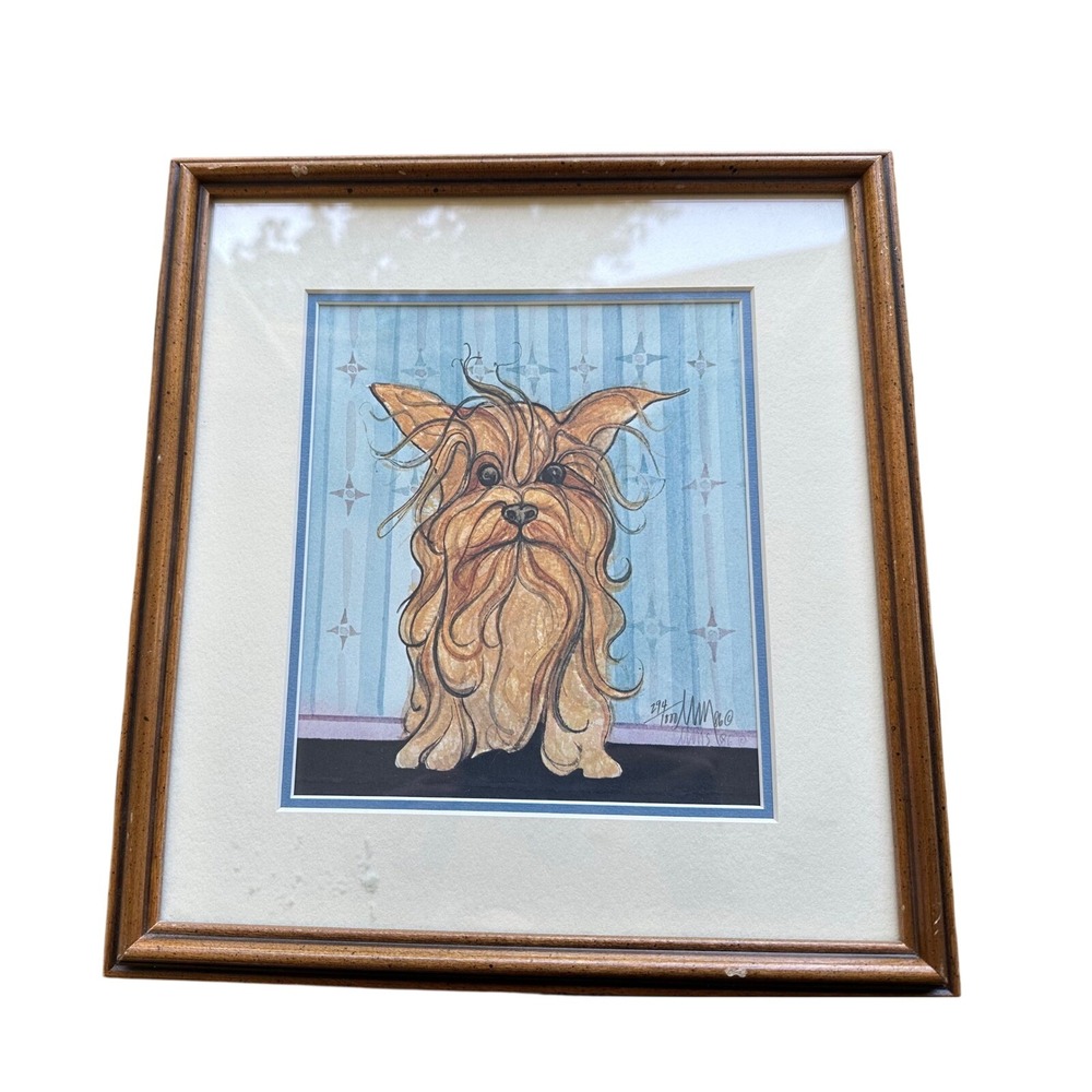 Vintage 1986 Tim Mace Signed Numbered Yorkie Dog Art Print Framed 12.5x13.5